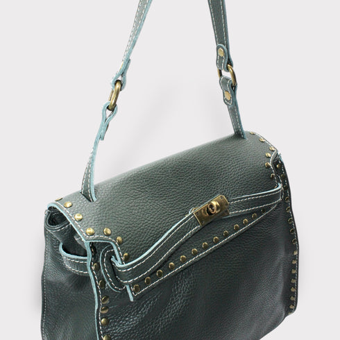 Juli - Handmade Calf Leather Studs Bag With Metallic Closure Petrol Green